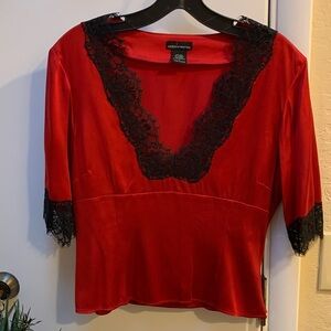 Elegant Red Lace Trim Silk Top L